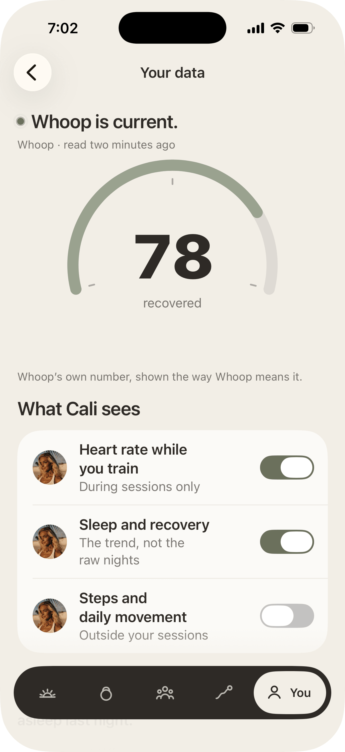Your data, in the app. “Whoop is current.” Whoop · read two minutes ago. A gauge reads 78 recovered: “Whoop’s own number, shown the way Whoop means it.” Under “What Cali sees”, three switches, each with Cali’s face: heart rate while you train, during sessions only, on; sleep and recovery, the trend, not the raw nights, on; steps and daily movement, outside your sessions, off.